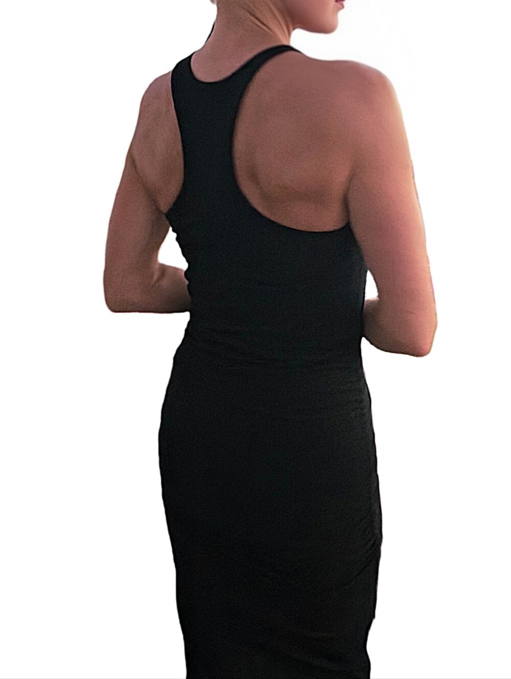 MICHAEL STARS Vivian Black Racerback Midi Dress With Side Ruching - Picture 8 of 13